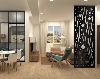 Ocean Life Panel Privacy Screen Panel, Decorative Laser Cut Metal Screen, Room Divider Separator, Home Privacy Decor