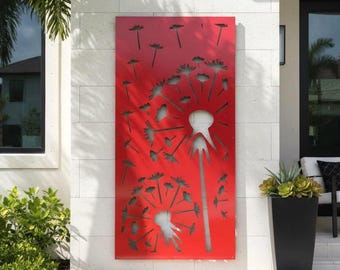 Aluminum Dandelion Metal Privacy Screen, Deck Railing Decor Panel, Floral Room Divider, Outdoor Garden Panel