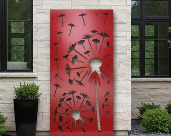 Dandelion Flower Aluminum Privacy Panel, Decorative Deck Railing Screen, Modern Metal Room Divider, Garden Art