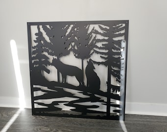 Wolf family Decorative Laser Cut Screen - Wolf family panel Outdoor/Indoor Living Metal Privacy Screen,  gift. railing insert