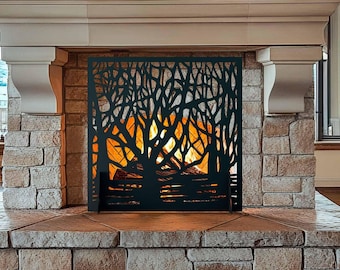 Forest Tree Fireplace Screen, Laser Cut Metal Fire Guard, Nature-Inspired Fireplace Cover, Modern Woodland Hearth Decor