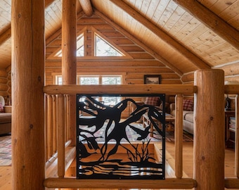 Metal Garden Fence Privacy Screen, Decorative Aluminum Outdoor Fence Panel, Modern Design, Mountains and Ducks Design