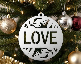 LOVE Metal Christmas Ornament, Laser Cut Aluminum Tree Decoration, Holiday Gift for Couple, Winter Wedding or New Year Décor