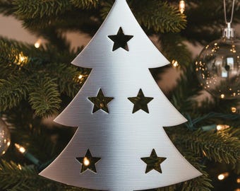 Tree Metal Christmas Ornament, Laser Cut Aluminum Holiday Hanging, Minimalist Winter and New Year Home Decoration, Simple Gift