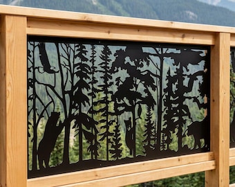 Outdoor Privacy Screen Panel, Forest Wildlife Screen, Decorative Aluminum Fence Topper, Garden Privacy Screen, Playful Bear Panel