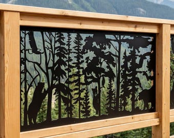 Outdoor Privacy Screen Panel, Forest Wildlife Screen, Decorative Aluminum Fence Topper, Garden Privacy Screen, Playful Bear Panel