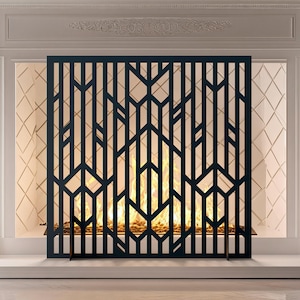 Conduit Fireplace Screen, Freestanding Metal Fire Screen, Geometric Fire Pit Cover, Modern Fireplace Safety Screen