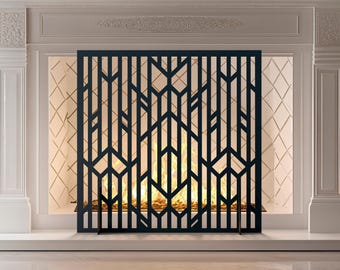 Conduit Fireplace Screen, Freestanding Metal Fire Screen, Geometric Fire Pit Cover, Modern Fireplace Safety Screen