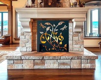 Dragonfly Fireplace Screen, Nature Inspired Fire Screen, Freestanding Metal Fire Guard, Decorative Fire Pit Cover