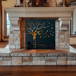 May include: A stone fireplace with a black metal screen featuring a tree with leaves blowing in the wind. The fireplace is in a rustic living room with wooden floors and large windows.