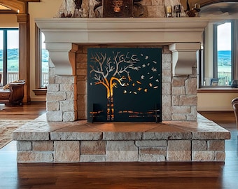Fall Wind Fireplace Screen – Autumn Tree and Flying Leaves Silhouette – Metal Fire Guard, Cozy Decor for Rustic or Modern Homes