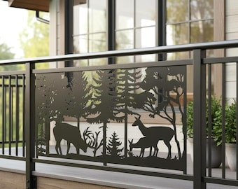 Deer Forest Metal Railing Panel, Wildlife Privacy Screen, Outdoor Nature Balcony Insert, Aluminum Patio Decor Panel