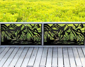 Aluminum Outdoor Privacy Panel, Decorative Metal Fence Screen for Garden & Deck, Mountains and Ducks Panel Design