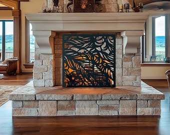 Feather Fireplace Screen – Modern Metal Fire Guard with Leaf Pattern – Decorative Panel for Cozy Home or Cabin Decor