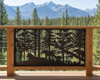 Forest Nature Wall Art, Bear and Wolf Metal Panel, Outdoor Garden Privacy Screen, Cottage Decor, Heavy Duty Aluminum
