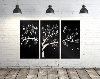 Large metal tree wall art, 3 pcs Cherry Tree aluminum wall art, metal wall decor, Privacy Panel,