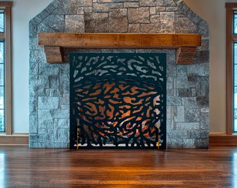 Coral Fireplace Screen, Freestanding Metal Fire Screen, Modern Fire Pit Cover, Decorative Fireplace Safety Screen