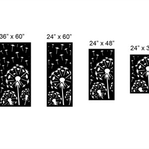 May include: Black and white dandelion wall art in four sizes: 36" x 60", 24" x 60", 24" x 48", and 24" x 36". The design features detailed dandelion seed heads and floating seeds, perfect for home decor.