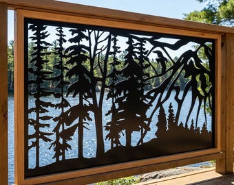 Decorative Metal Privacy Screen Panel , Forest and Mountains Metal Panel, Aluminum Outdoor Fence, Wall & Railing Insert