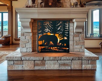 Rustic Bear Family Fireplace Screen, Metal Fire Guard with Forest Design, Wildlife Hearth Decor for Cabin or Lodge