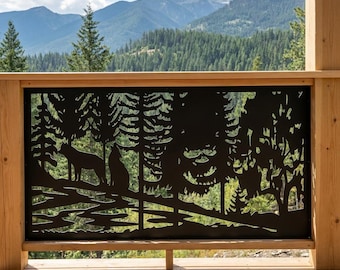 Wolf Family Metal Privacy Screen, Aluminum Garden Fence Panel, Deck Privacy Panel