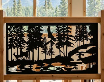 Outdoor Deck & Garden Privacy Screen, Aluminum Decorative Fence Panel, Outdoor Privacy Panel, Deer Overlooking River Panel Design