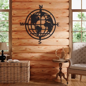 Metal World Map Wall Decor, Earth Art with Compass, Study Room Decoration, Office Gift, Large Size Available