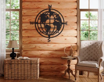 Metal World Map Wall Decor, Earth Art with Compass, Study Room Decoration, Office Gift, Large Size Available