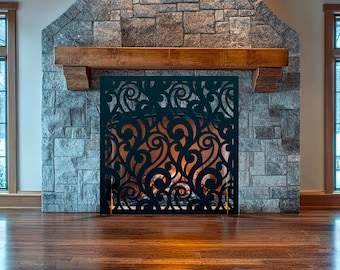 Curly Fireplace Screen, Decorative Metal Fire Screen, Ornate Fire Pit Cover, Freestanding Safety Screen