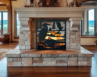 Heron Fire Screen, Aluminum Screen, Fireplace Screen, Handcrafted Screen, Bird Fireplace Art, Decorative Shield
