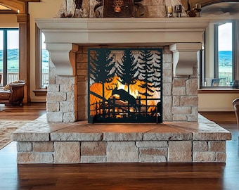 Deer Fireplace Screen, Rustic Metal Fire Screen, Freestanding Fire Pit Cover, Wildlife Fireplace Safety Screen