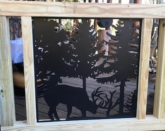 Forest Deer Metal Art, Deer Family Aluminum Privacy Screen, Rustic Cabin Decor, Garden Fence Topper, Large Exterior Wall Panel