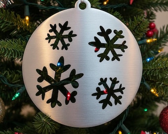 Round Snowflake Metal Ornament, Laser Cut Aluminum Tree Hanging, Winter Holiday and New Year Home Décor, Minimalist Gift