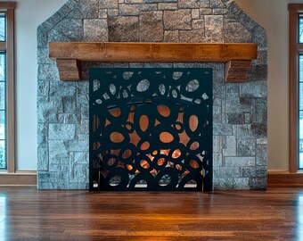 Oval Pattern Fireplace Screen, Modern Metal Fire Guard, Artistic Fire Pit Cover, Abstract Black Fireplace Panel, Contemporary Fire Screen