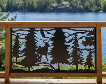 Forest Deer Metal Art, Outdoor Wall Art, Aluminum Railing Insert, Forest Wildlife Scene, Rustic Cabin Decor