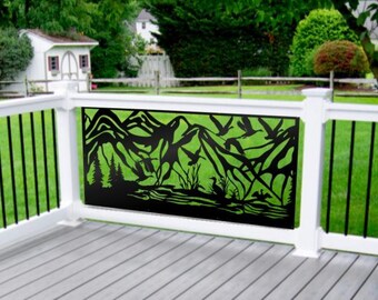 Mountain Metal Privacy Panel, Outdoor Railing Insert with Birds, Deck Privacy Screen, Nature Balcony Guard, Scenic Yard Divider