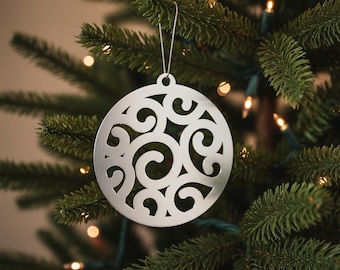 Filigree Round Metal Ornament, Laser Cut Aluminum Tree Hanging, Elegant Winter Home Décor, Christmas or New Year Gift