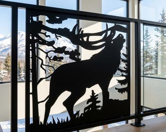 Forest Elk Metal Art, Wildlife Scene Screen, Rustic Cabin Decor, Garden Fence Topper, Large Exterior Wall Panel