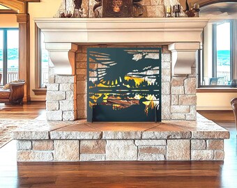 Eagle Fireplace Panel, Mountain Cabin Fire Screen, Rustic Nature Decor, Flying Eagle Metal Art, Custom Wilderness Hearth Screen