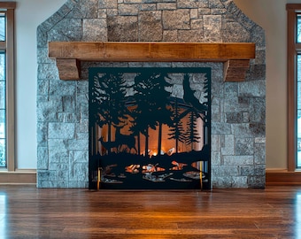 Rustic Fireplace Screen with Deer and Trees, Laser Cut Metal Fire Screen, Cabin Decor Fireguard, Woodland Fireplace Cover Panel