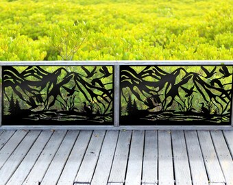 Mountain Metal Privacy Panel, Outdoor Railing Insert with Birds, Deck Privacy Screen, Nature Balcony Guard, Scenic Yard Divider
