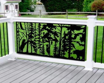 Bear Family Forest Scene Metal Railing Insert – Nature-Inspired Privacy Panel for Deck, Patio, or Balcony Fence