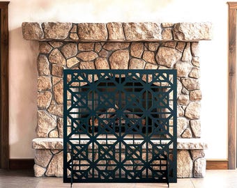 Geometric Fireplace Screen, Modern Dice Pattern Fire Screen, Black Metal Fire Guard, Contemporary Fire Cover