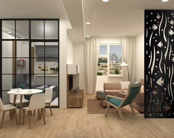 Ocean Life Panel Privacy Screen Panel, Decorative Laser Cut Metal Screen, Room Divider Separator, Home Privacy Decor