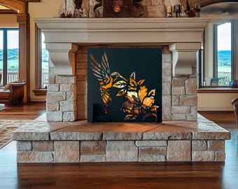 Hummingbird Fireplace Screen, Metal Bird Fire Guard, Nature Hearth Cover, Floral Fireplace Panel, Rustic Cottagecore Decor