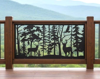 Forest Deer Metal Art, Buck and Doe Aluminum Privacy Screen, Garden Fence Topper, Large Exterior Wall Panel, Rustic Cabin Decor