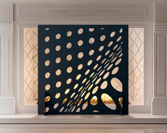 Geometric Fireplace Screen, Perforated Metal Panel, Modern Fire Guard, Black Steel Screen, Stylish Fireplace Decor