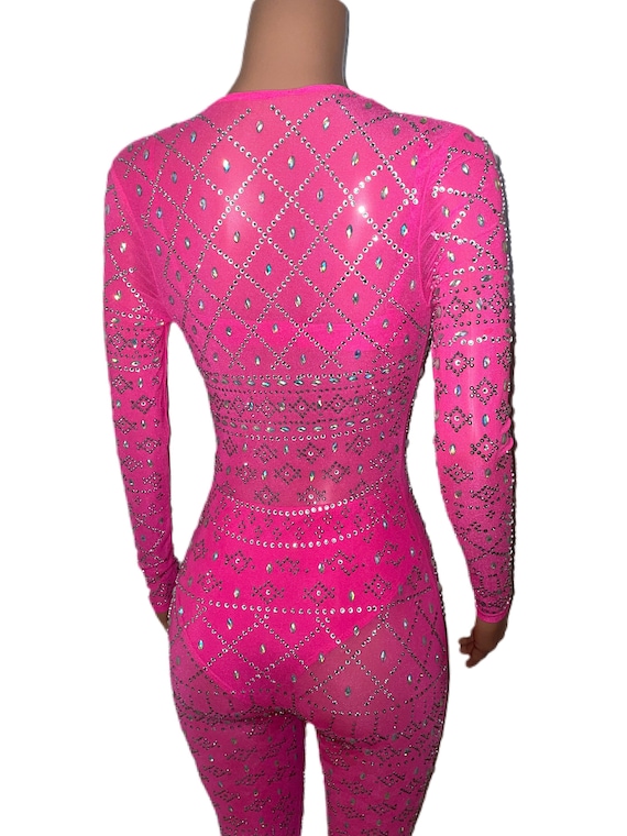 Victorias Secret Kylie Jenner Mesh Rhinestone Bodysuit Catsuit Costume Pink  Flamingo 