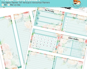 Happy Planner – miesięczny panel do druku | Aqua Flowers | HP Classic 7x9 – pionowy układ poziomy | Naklejka do planera do druku | Pliki do cięcia