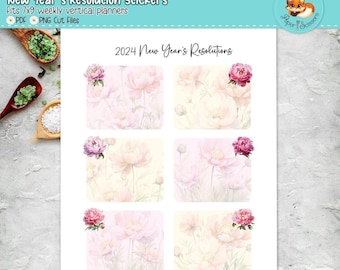 Naklejki do wydrukowania – planer noworocznych postanowień | Różowe piwonie | Erin Condren, Planer szczęścia, Papier śliwkowy, Wspomnienia | 7x9 | Pliki do wycinania